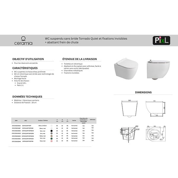 GEBERIT - Duofix pack WC bâti-support UP100 + WC suspendu sans bride Ceramia avec abattant SoftClose + plaque blanche (GEBCEPXWT01FR-FS) - large