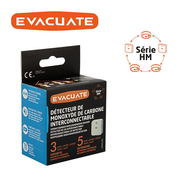 EVACUATE - Détecteur de monoxyde de carbone interconnectable - Autonomie 5 ans et Garantie 3 ans - Jusqu'à 40 appareils interconnectables-EVACUATE - large