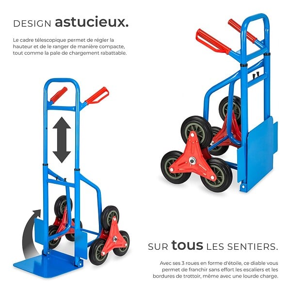 TECTAKE - Diable monte escalier 200 kg plateau pliable 6 roues étoile bleu en acier chariot transport escalier monte charge manuel 103x49x66 cm - large