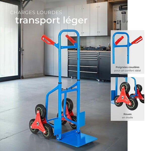 TECTAKE - Diable monte escalier 200 kg plateau pliable 6 roues étoile bleu en acier chariot transport escalier monte charge manuel 103x49x66 cm - large