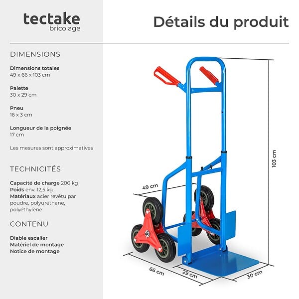 TECTAKE - Diable monte escalier 200 kg plateau pliable 6 roues étoile bleu en acier chariot transport escalier monte charge manuel 103x49x66 cm - large