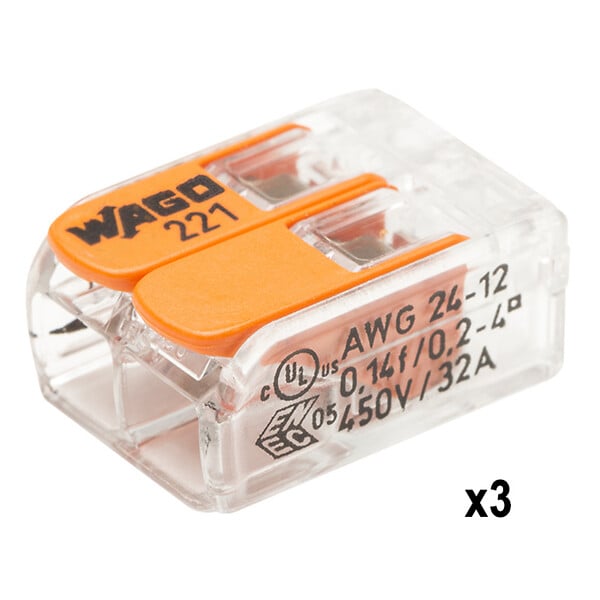WAGO - Sachet de 3 bornes S221 2 entrées  fils souples et rigides 0.5 à 6mm² - large