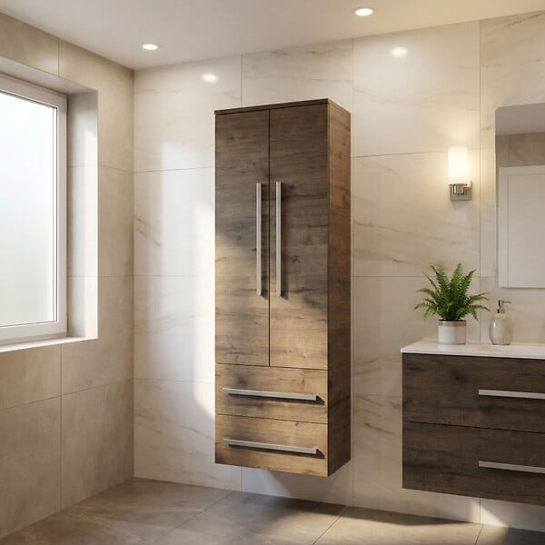 SWISS AQUA TECHNOLOGIES - Swiss Aqua Technologies Cube Way 60x163x33 cm armoire haute de salle de bain suspendue 2 tiroirs, 2 portes, décoration chêne Wellington (CUBE3CHV60DW) - large