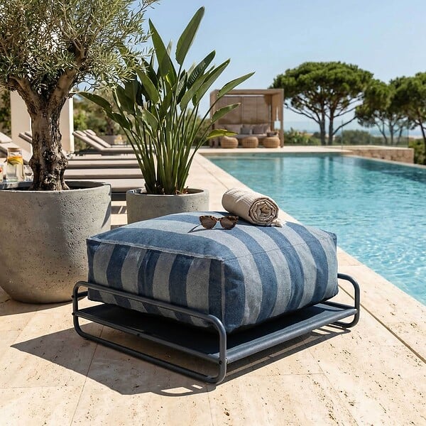 OVIALA - Pouf rayé pour salon de jardin modulable avec structure bleu pacific - Mixi - large