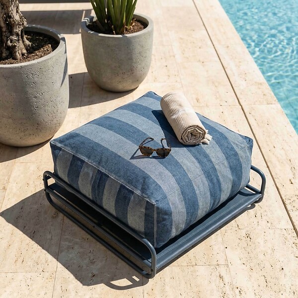 OVIALA - Pouf rayé pour salon de jardin modulable avec structure bleu pacific - Mixi - large
