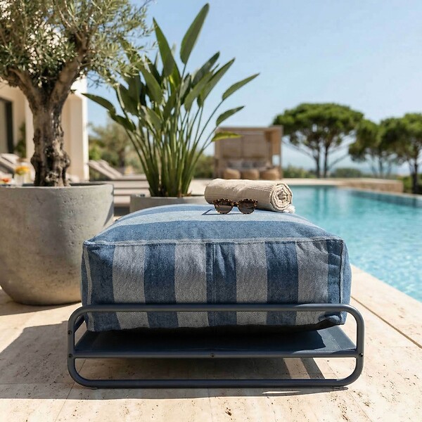 OVIALA - Pouf rayé pour salon de jardin modulable avec structure bleu pacific - Mixi - large