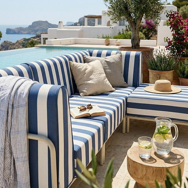 OVIALA - Salon de jardin bas modulable rayé 4 places bleu pacific - Patio - large