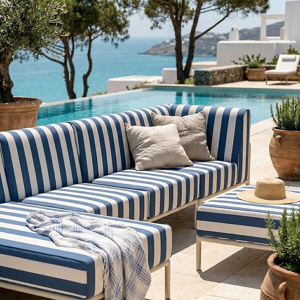 OVIALA - Salon de jardin bas modulable rayé 5 places bleu pacific - Patio - large