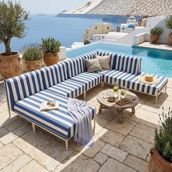 OVIALA - Salon de jardin bas modulable rayé 6 places bleu pacific - Patio - large
