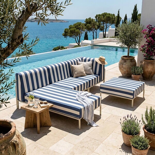 OVIALA - Salon de jardin bas modulable rayé 4 places bleu pacific - Patio - large