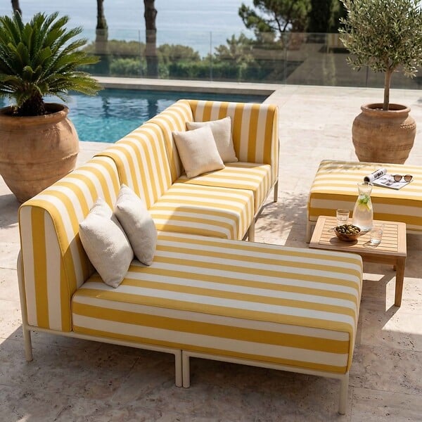 OVIALA - Salon de jardin bas modulable rayé 4 places jaune - Patio - large
