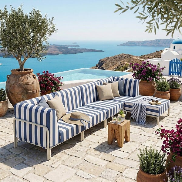 OVIALA - Salon de jardin bas modulable rayé 5 places bleu pacific - Patio - large