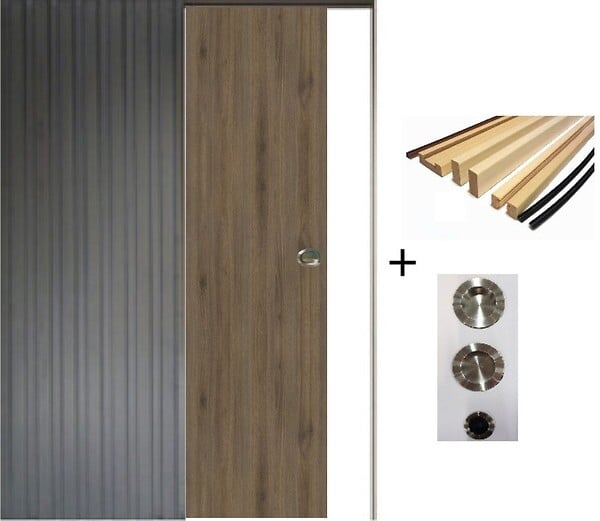 GD MENUISERIES - Porte Coulissante Décor Noyer Light Walnut H204 x L83 cm, Galandage, kit finition (coquille et tire doigt) - large