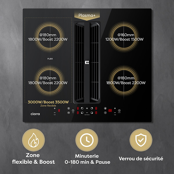 CIARRA - Plaque Induction 59cm avec Hotte Intégrée Table induction aspirante 7000W 4 Foyers Booster Recyclage Evacuation - large