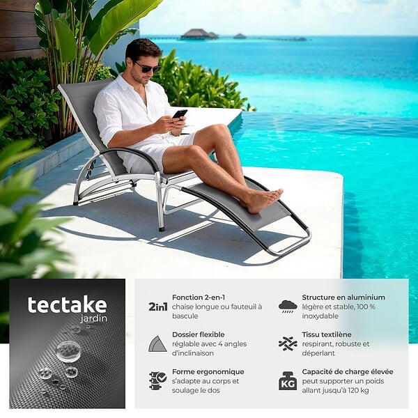 TECTAKE - Chaise longue AVIGNON avec fonction 2 en 1 gris anthracite - large