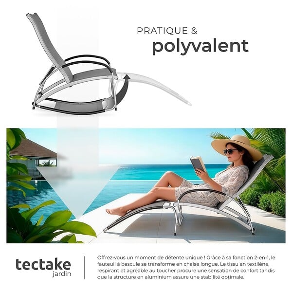 TECTAKE - Chaise longue AVIGNON avec fonction 2 en 1 gris anthracite - large