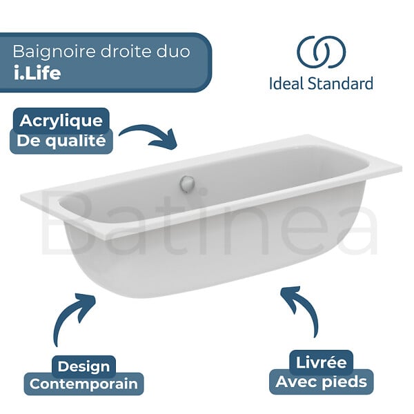 IDEAL STANDARD - Baignoire droite 180 x 80 i.life Duo - large