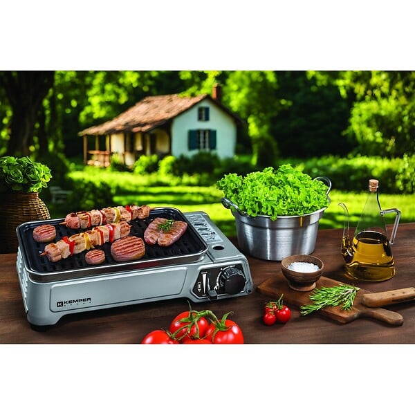 KEMPER - Barbecue à gaz 1900W Grille anti adhesive + 12 cartouches gaz camping KEMPER - large
