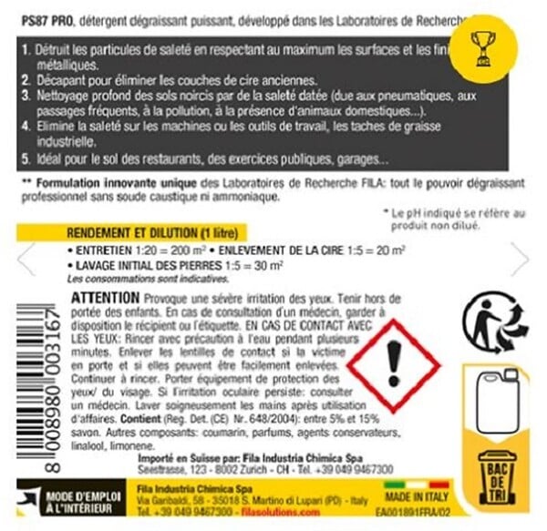 FILA - Nettoyant dégraissant PS87 PRO - Bidon 5L- réf : 53000005 - FILA - large