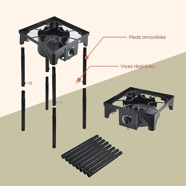 INTEC - Réchaud à Gaz 1 feu Barbecue grill 4,5kW 2en1 Bruleur fonte + Plaque Grill Fonte 40×40cm 3 hauteurs modulables Piezo INTEC - large