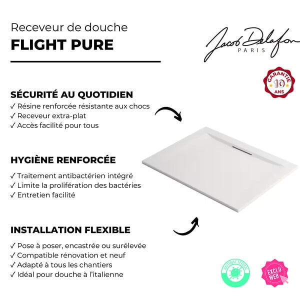JACOB DELAFON - Receveur de douche 90 x 90 Flight Pure carré blanc - large