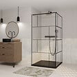 AURLANE - Paroi de retour Sérigraphie Briques 80x180 cm pour Porte de Douche DARK BLOCKS - Profilé Noir Mat - vignette
