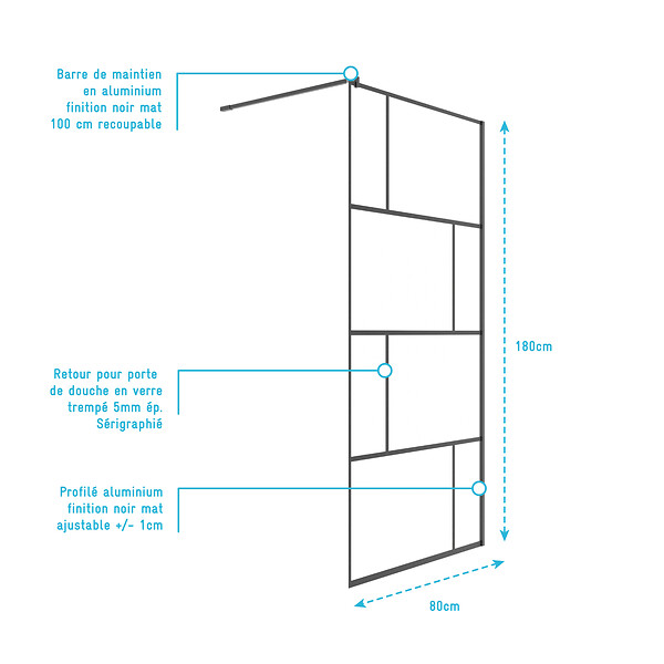 AURLANE - Paroi de retour Sérigraphie Briques 80x180 cm pour Porte de Douche DARK BLOCKS - Profilé Noir Mat - large