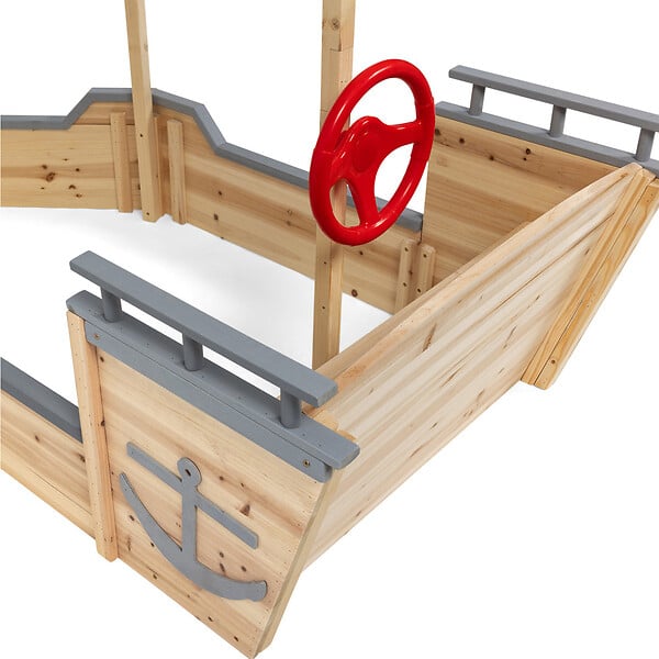 ID MARKET - Bac à sable WORLD bois bateau de pirate avec banc coffre et toit gris - large