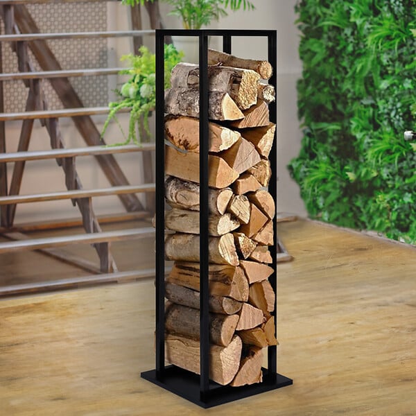 ID MARKET - Range bûches vertical acier noir avec étagère H.112 CM pour cheminée - large