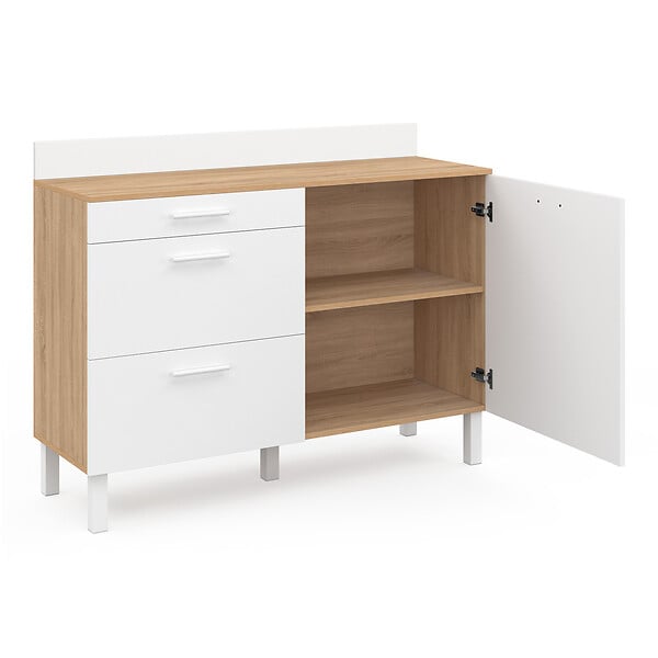 ID MARKET - Buffet bas de cuisine 120 cm casserolier CINA plan de travail H.83 cm 1 porte + 3 tiroirs façon hêtre et blanc - large