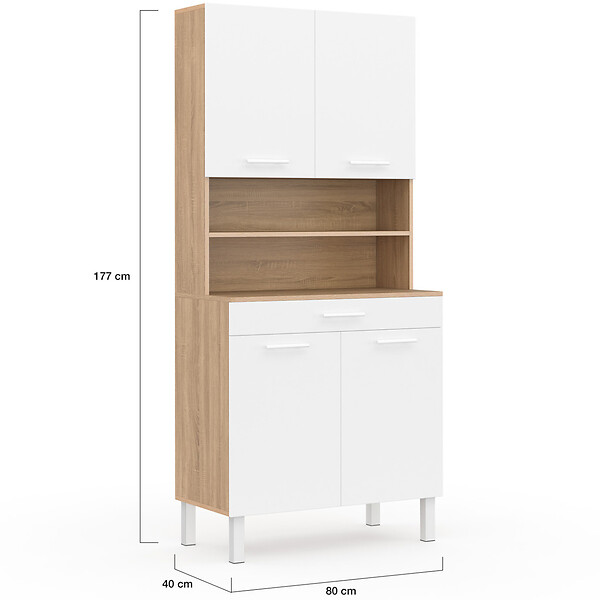 ID MARKET - Buffet de cuisine 80 CM CINA 4 portes + tiroir façon hêtre et blanc - large