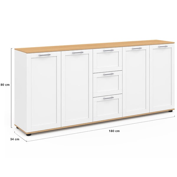 ID MARKET - Buffet 180 cm VITO XXL 4 portes avec 3 tiroirs bois et blanc - large
