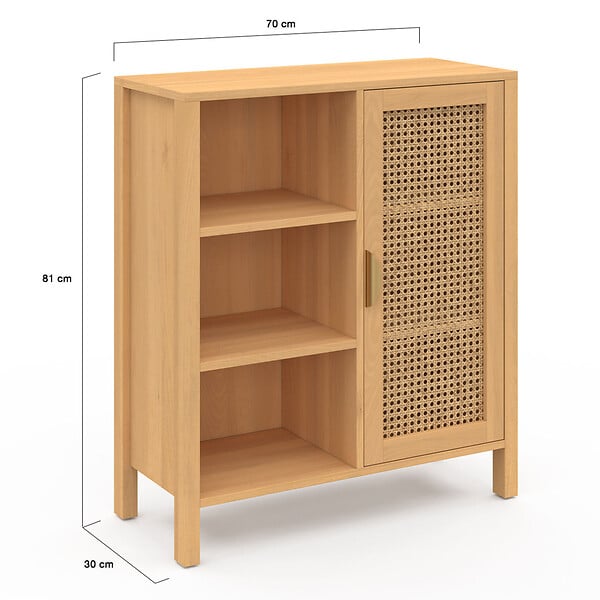 ID MARKET - Buffet d'appoint 3 étagères et placard 70 cm EDHEN bois et cannage - large
