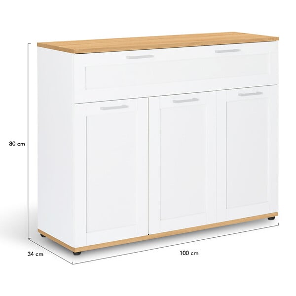 ID MARKET - Buffet 100 cm VITO 3 portes et 1 tiroir blanc et plateau bois - large