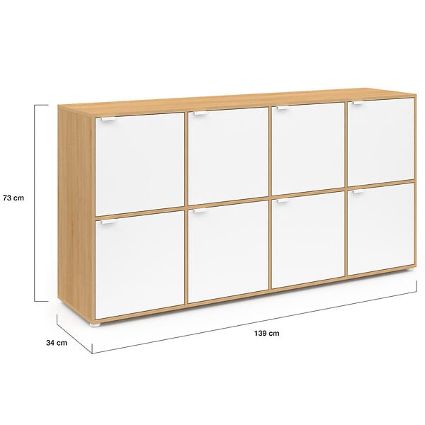 ID MARKET - Buffet casier 139 cm CASSIE 8 portes blanc et bois - large