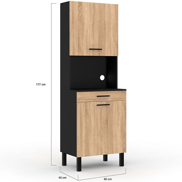 ID MARKET - Buffet de cuisine 60 CM CINA 2 portes + tiroir noir et façon hêtre - large