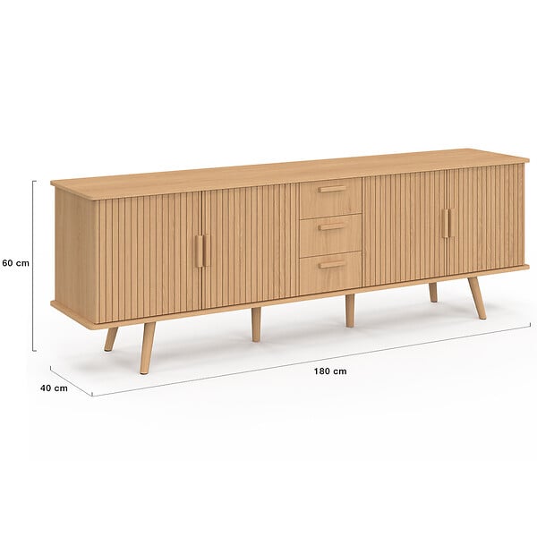 ID MARKET - Buffet 180 cm JULIETTE XXL 4 portes et 3 tiroirs effet lattes tasseau bois - large
