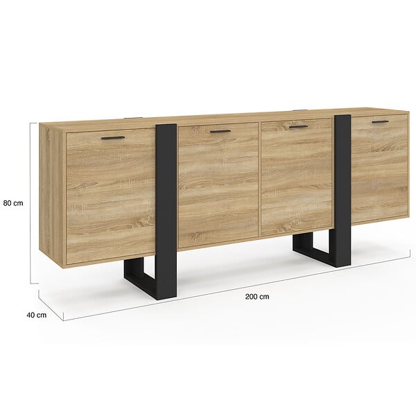 ID MARKET - Buffet enfilade 200 cm PHOENIX XXL 4 portes bois et noir - large