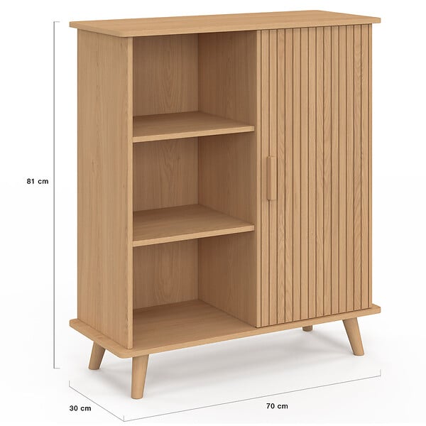 ID MARKET - Buffet d'appoint 3 étagères et placard 70 cm JULIETTE effet lattes tasseau bois - large