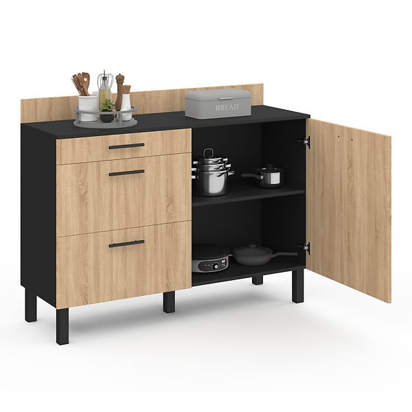 ID MARKET - Buffet bas casserolier de cuisine 120 cm CINA plan de travail H.83 cm 1 porte + 3 tiroirs noir et façon hêtre - large