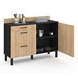 ID MARKET - Buffet bas casserolier de cuisine 120 cm CINA plan de travail H.83 cm 1 porte + 3 tiroirs noir et façon hêtre - vignette