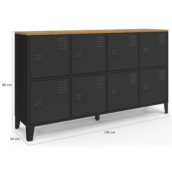 ID MARKET - Buffet casier 139 cm ESTER 8 portes en métal noir plateau bois design industriel - large