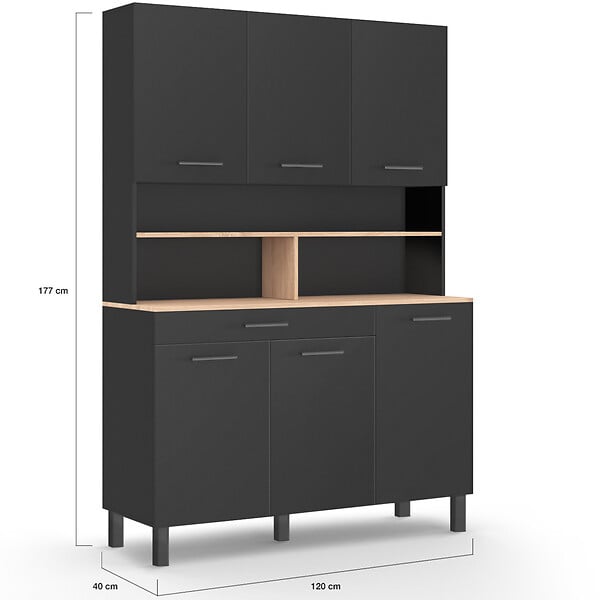 ID MARKET - Buffet de cuisine 120 cm CINA 6 portes + tiroir noir et plateaux façon hêtre - large