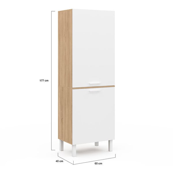 ID MARKET - Colonne de cuisine 60 cm CINA 2 portes façon hêtre et blanc - large