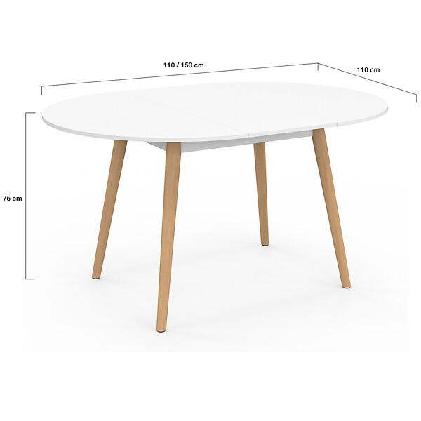 ID MARKET - Table à manger extensible ronde ANGELA 4-8 personnes blanc pied bois 110 - 150 cm - large