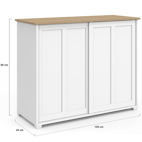 ID MARKET - Buffet 100 cm JANGO 2 portes coulissantes blanc et plateau bois - large