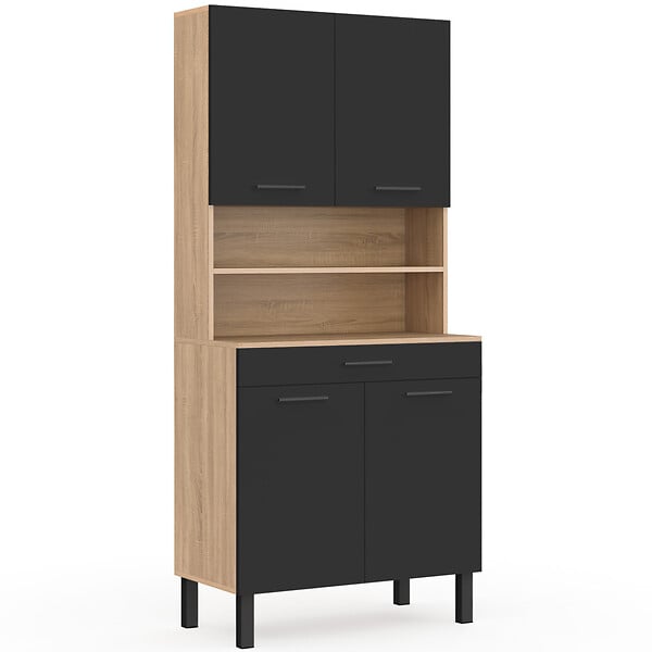 ID MARKET - Buffet de cuisine 80 CM CINA 4 portes + tiroir façon hêtre et noir - large