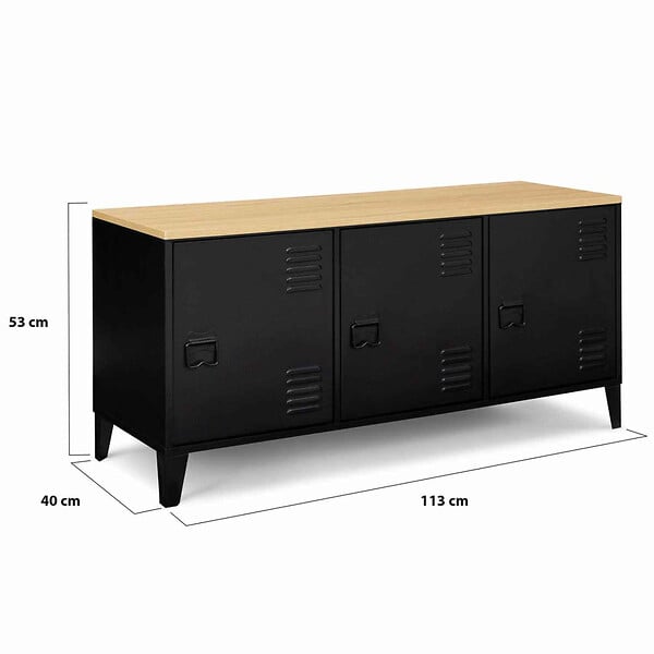 ID MARKET - Buffet bas 113 cm ESTER 3 portes métal noir plateau bois design industriel - large