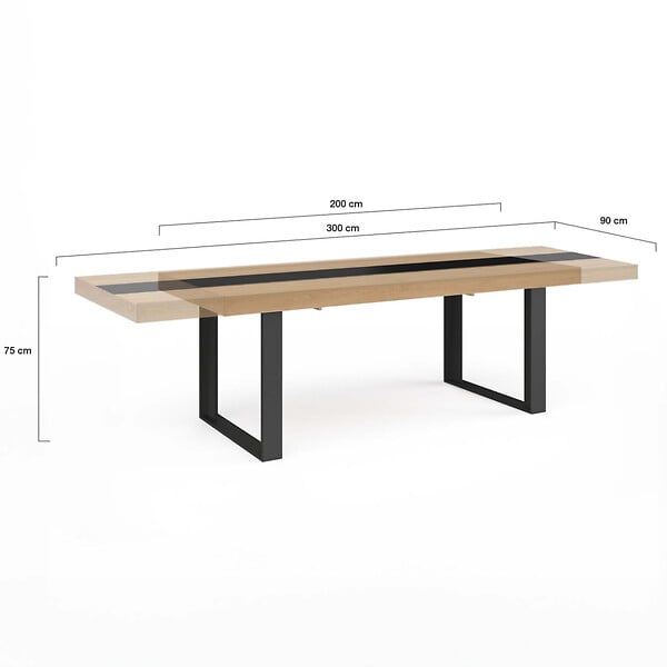 ID MARKET - Table à manger extensible rectangle PHOENIX 6-12 personnes bois et noir bande centrale noire 200-300 cm - large