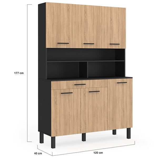 ID MARKET - Buffet de cuisine 120 CM CINA 6 portes + tiroir noir et façon hêtre - large
